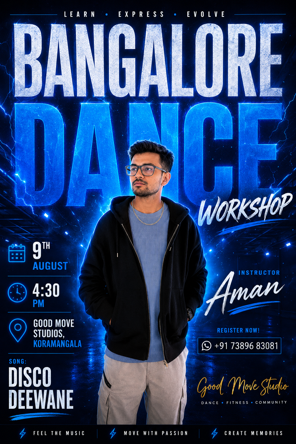 Bangalore Dance Workshop poster featuring instructor Aman
